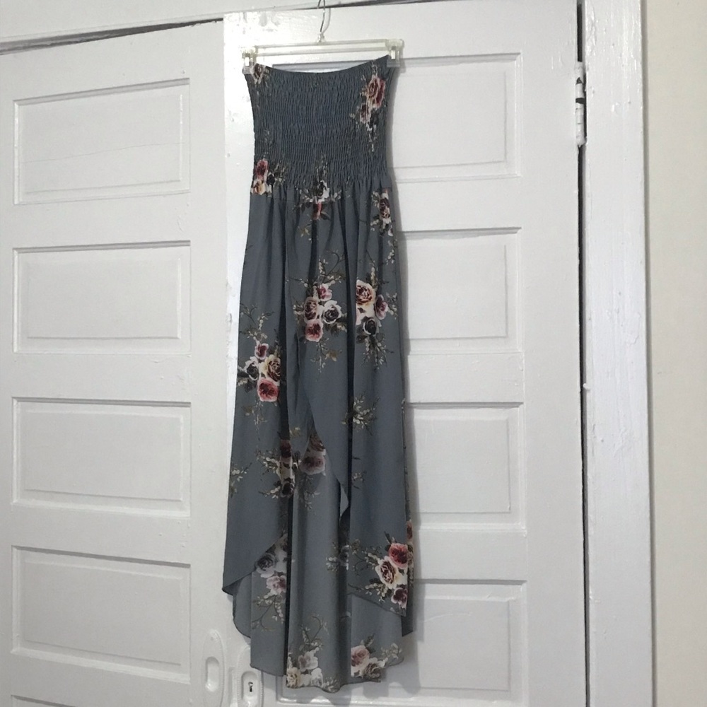 Strapless floral long-slit dress
